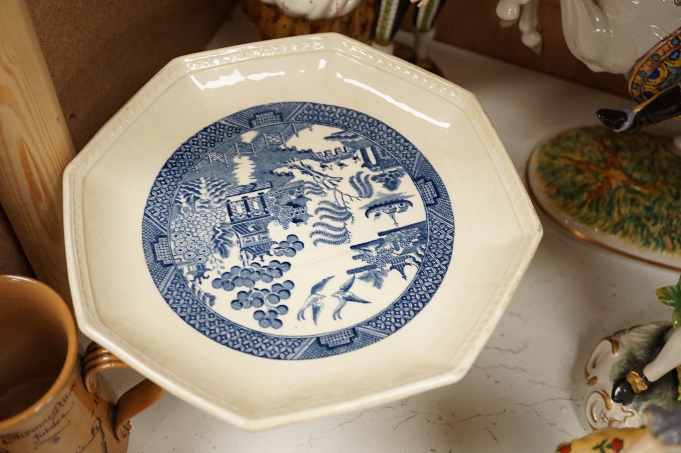 A group of porcelain figures, Doulton royal commemoratives, a Goebel Art Deco powder bowl and pin dollies etc (19)